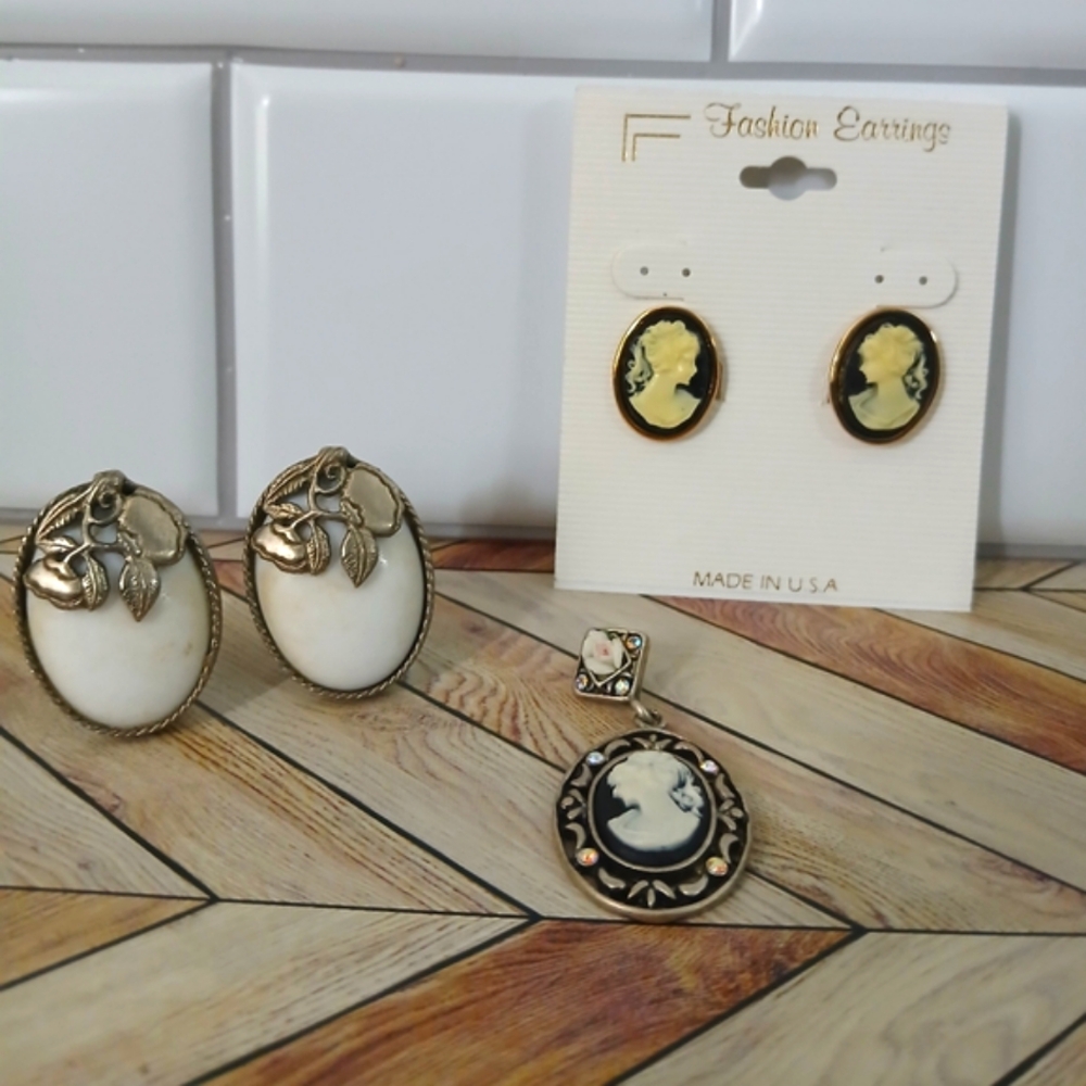 Vintage Clip-On Cabochon Earrings & Cameo Pendant; Cameo Earrings